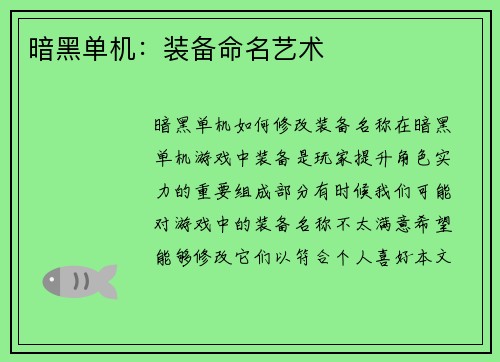 暗黑单机：装备命名艺术